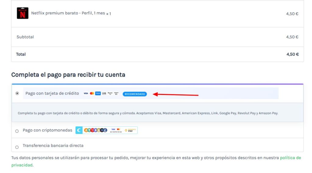 seleccionar pago con tarjeta
